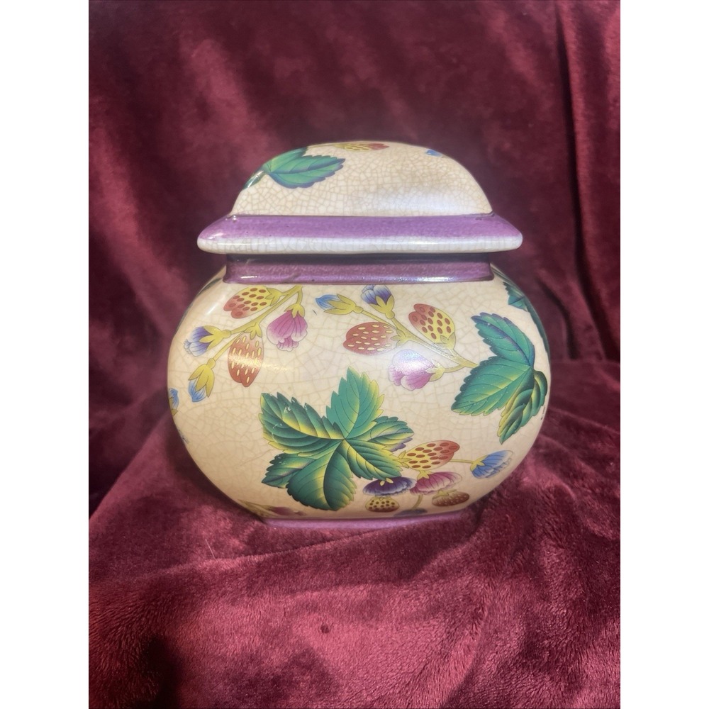 VINTAGE LIDDED CERAMIC GINGER JAR‎ CRACKLED GLAZE FINISH FLORAL (1751)